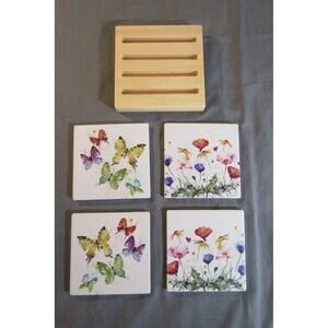 Dean Crouser Butterfly Wild Flowers Coasters Set of 4 with Wood Holder New